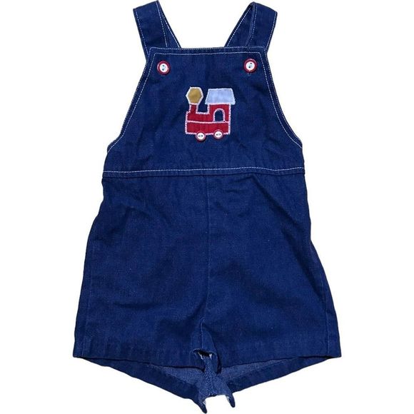 VINTAGE Health-Tex Retro Denim Cloth Bib Overalls W/Red Truck 24m Made In USA - Picture 1 of 6